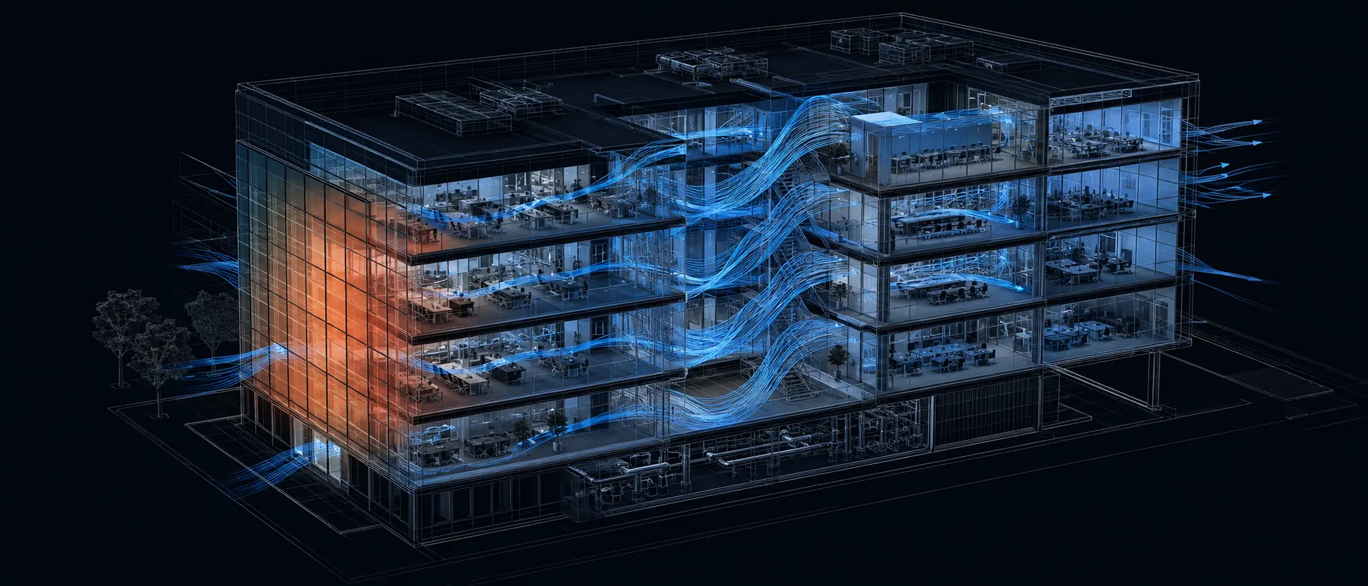 Axonometric cutaway of a building with airflow paths and thermal overlay