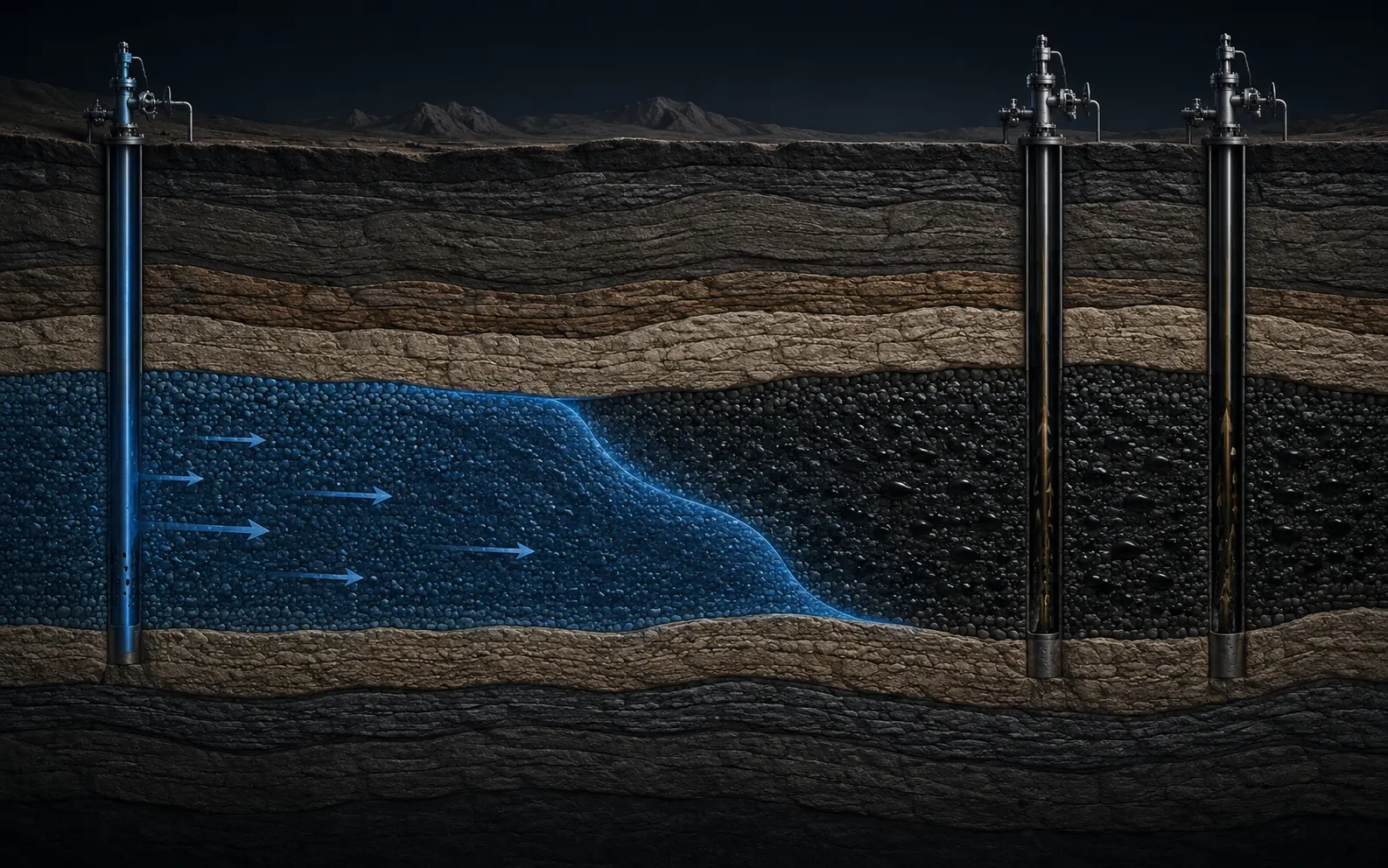 Saturation front moving through a porous reservoir layer